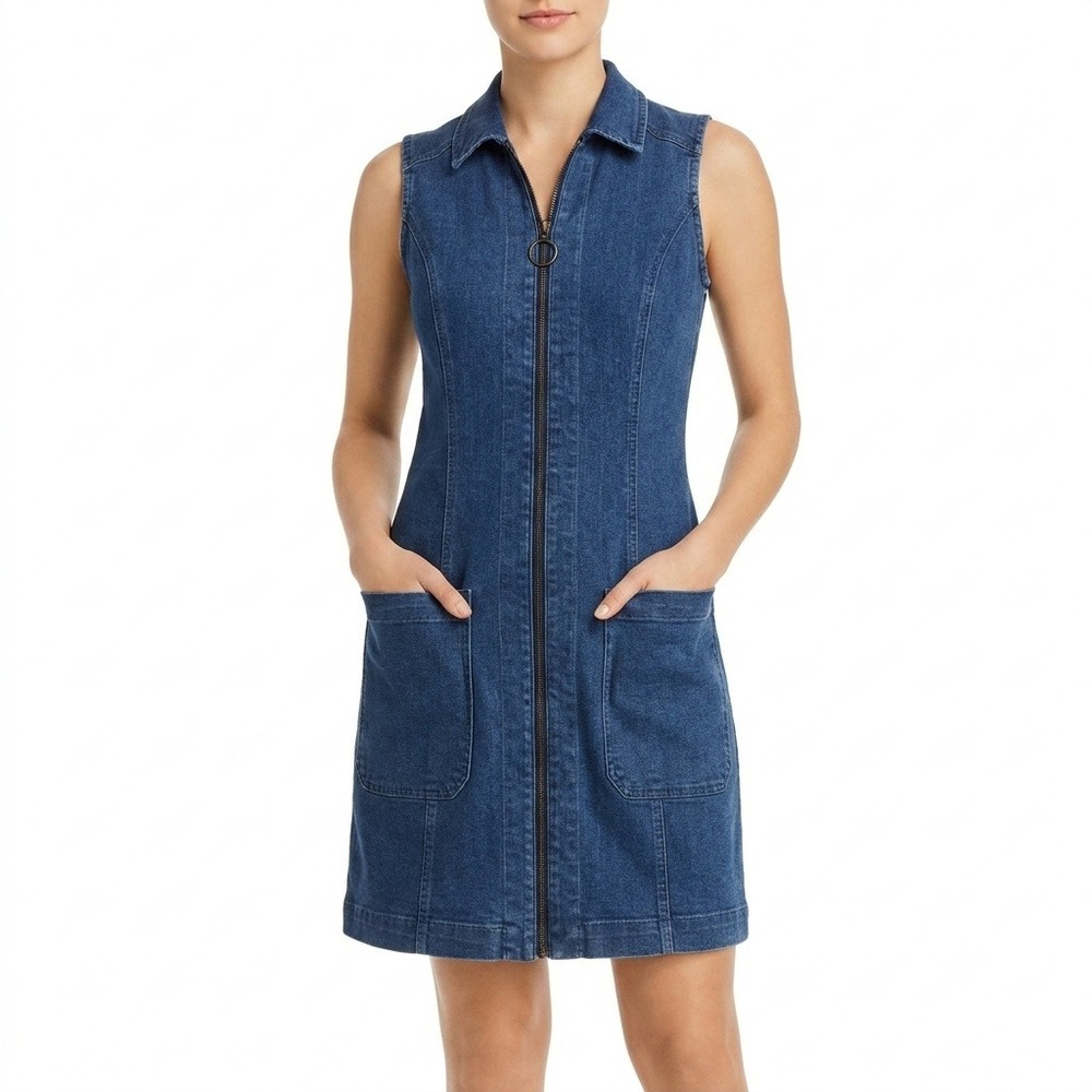 Sharagano New York Dress Womens Sleeveless Zip Front Denim Indigo Blue